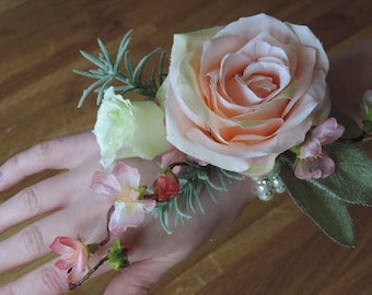 Wrist Corsage, Artificial Wrist Corsage, Rose Wrist Corsage, Prom Corsage, Peach Wrist Corsage, Prom Flower,