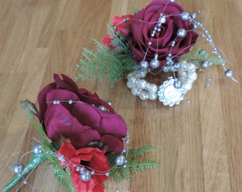 Wrist Corsage  and Buttonhole Bundle, Buttonhole, Wrist Corsage, Artificial Flowers, Wedding Flowers, Prom Flowers, Red Rose Buttonhole