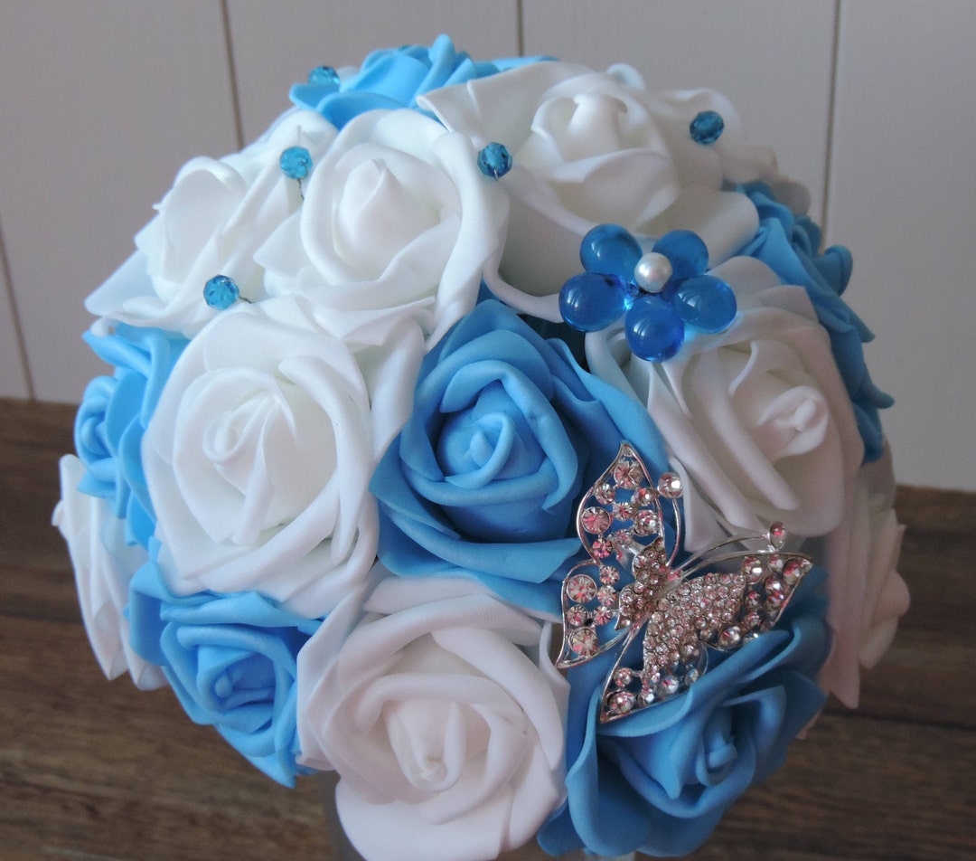 Foam Roses Wedding Bouquet Blue and White Wedding Flowers Etsy