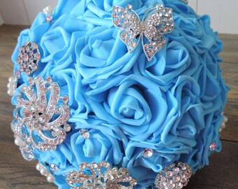 Bridal Handtie,Foam Rose Bouquet,Blue Wedding Bouquet,Blue Rose and Diamante Wedding Flowers,Bridesmaids Flowers,Artificial Wedding Flowers