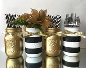 Black and White Striped and Gold Metallic Painted Mason Jars, Wedding Decorations Gold, Shabby Chic, Bachelorette Party, Engagement Party