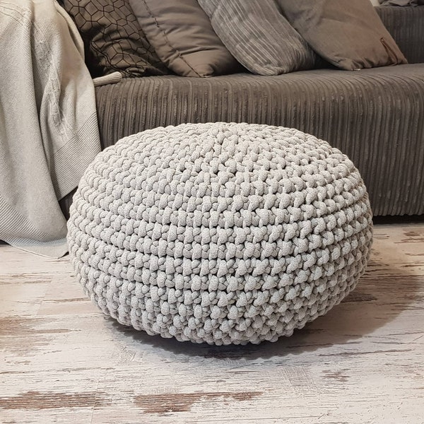 Chunky Knitted Pouf - colours, Light Grey, Seat, Crochet Pouf, ottoman, footstool nursery footstool