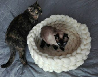 Katzenbett, Merinowolle, Katzenhöhle, 100% Wolle, Katzenhaus, Katzenmöbel, Gestricktes Haustierbett, Haustieraccessoires, Katzennest, Chunky Katzenbett