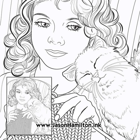 knitting girl cuddling with kitten coloring page pdf instant download  coloring pages adult coloring pages coloring books for adults