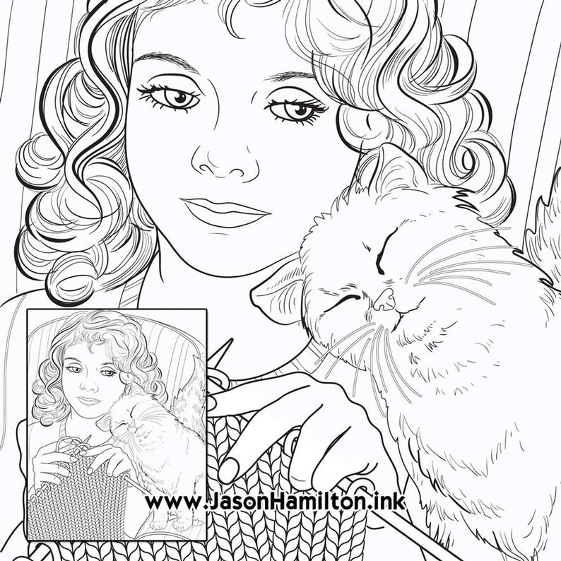 Download Knitting Girl Cuddling with Kitten coloring page PDF ...