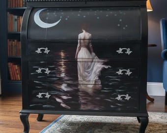 Vintage roll-top secretary desk in Dark Academia style – black secretary desk with moon motif – unique piece of furniture “Luna”