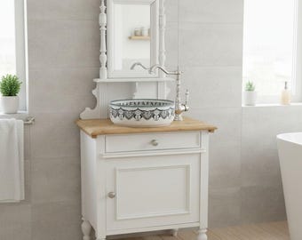Elise – Antiker Waschtisch mit Spiegel | Landhaus Badezimmermöbel | Vintage Unikat | Aufsatzwaschbecken | Shabby Chic Badmöbel