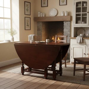 May include: A dark brown, oval-shaped drop-leaf dining table with turned legs. The table is set in a cozy dining room with a fireplace, framed artwork, and a white cabinet. The table is approximately 48 inches long when fully extended.