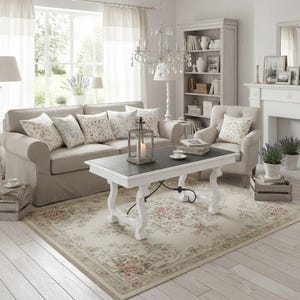 Shabby Chic Couchtisch in Perlweiß mit dunkler Platte | Upcycling Unikat im Landhausstil