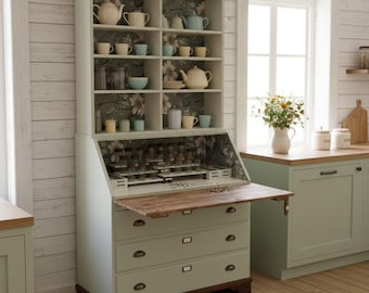 Benno – upcycled kitchen secretary in mint green, with compartments, herb jars & additional board