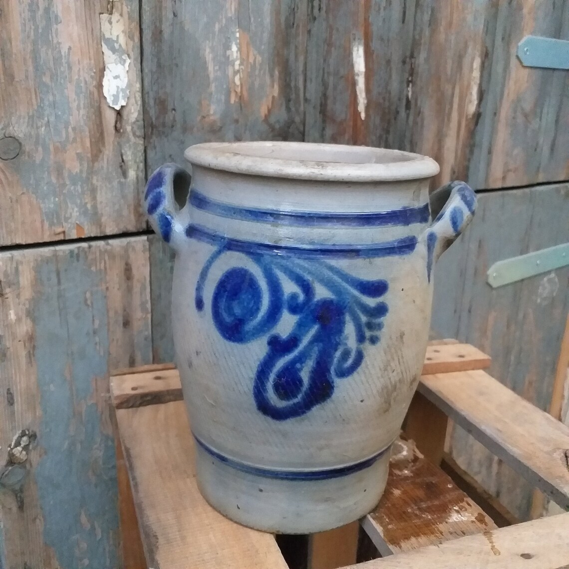 Krug Alt Patina Steingut Grau Blau Bemalt Etsy