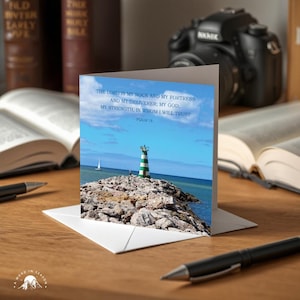 Christian Greetings Card - 148 x 148 - Psalm 18 - Blank Inside - Lighthouse Scene Photography Card