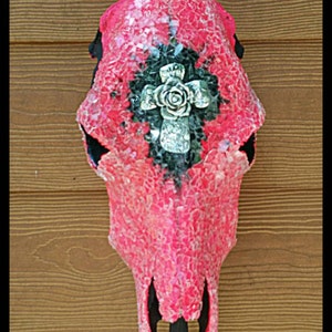 Hot pink decorated cow skull, cowgirl bedroom, Bar decor, game room decor, woman's cave, bedroom decor image 1