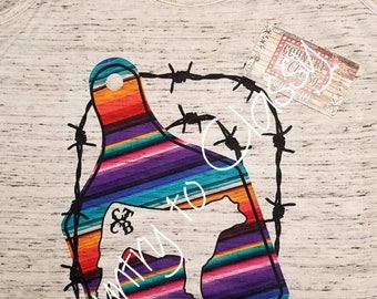 Cow tag shirt, Tag and barb wire shirt, sarape color tag, Summer tank, Racer back tank