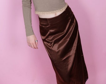 Brown Silky maxi skirt lace triM- 6/8