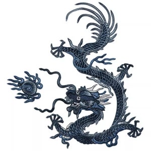 May include: A blue embroidered dragon with a curled tail and a pearl in its mouth. The dragon is in a classic Chinese style.
