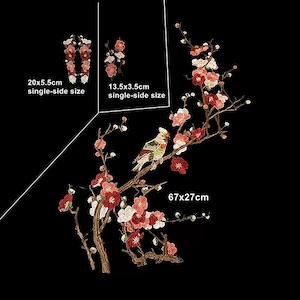 May include: An embroidered patch featuring a bird perched on a flowering branch with red and white blossoms. Text labels indicate dimensions of 20x5.5 inches, 13.5x3.5 inches, and 67x27 inches for the various sections of the embroidery design.