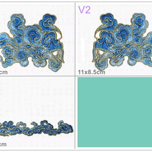 May include: Three embroidered iron-on patches featuring a blue and gold cloud design. The first two patches are 11 x 8.5 cm and the third patch is 15 x 3 cm.