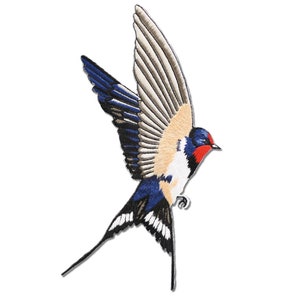 May include: A blue and white swallow with a red breast, in flight with its wings spread wide. The swallow is a popular motif in art and design, symbolizing freedom, hope, and new beginnings.