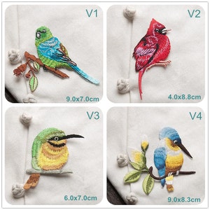 Puede incluir: Cuatro parches bordados de pájaros. V1 muestra un pájaro verde, azul y marrón en una rama, midiendo 9,0 x 7,0 cm. V2 es un pájaro rojo, 4,0 x 8,8 cm. V3 es un pájaro amarillo y verde, 6,0 x 7,0 cm. V4 es un pájaro azul y amarillo, 9,0 x 8,3 cm.