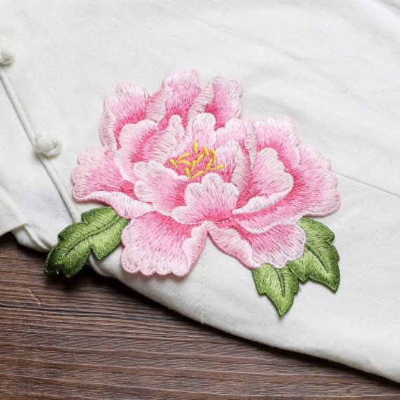 One Pair Single Color of Peony Flower Embroidery Applique 10.8