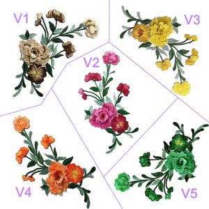 May include: Five embroidered floral patches labeled V1 through V5. V1 features beige and brown flowers, V2 pink and magenta, V3 yellow, V4 orange, and V5 green. Each patch displays detailed petals and green leaves on stems, arranged in a cluster.