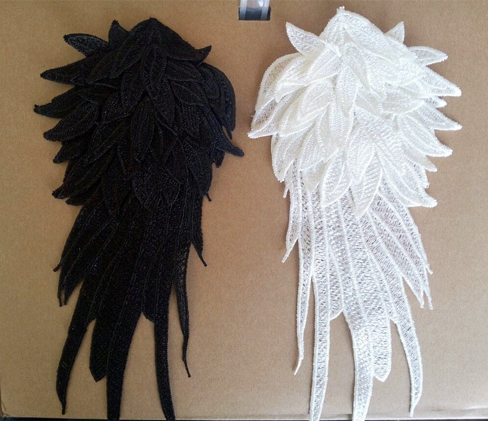 Pair of Wing Applique Black White Embroidered Wings Angel Wings