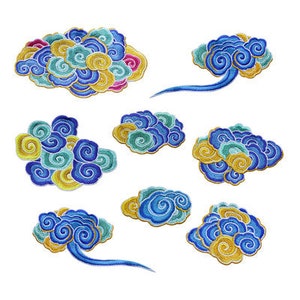 May include: Eight embroidered patches in the shape of clouds. The clouds are blue, yellow, and green with swirling patterns. The patches are perfect for adding a touch of Asian-inspired style to clothing, bags, or other crafts.