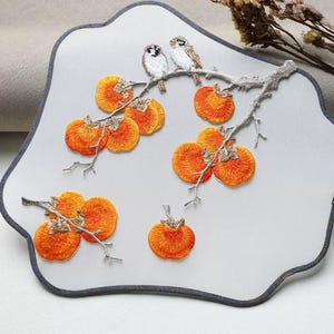 Embroidered Persimmon Fruit Bird Branch Applique Patch: Hand-Sewn Clothing Accessory
