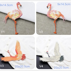 Puede incluir: Cuatro parches termoadhesivos con diseños bordados de flamencos rosas y grullas. Los parches de flamencos rosas miden 9x14,5 cm y los parches de grullas miden 23x20,5 cm.