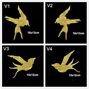 May include: Four gold glitter iron-on patches in the shape of a bird. The patches are labeled V1, V2, V3, and V4. The patches are 18x13cm and 15x12cm.