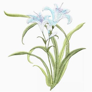 May include: A delicate embroidery design featuring white lilies with blue accents, set against a backdrop of green leaves.