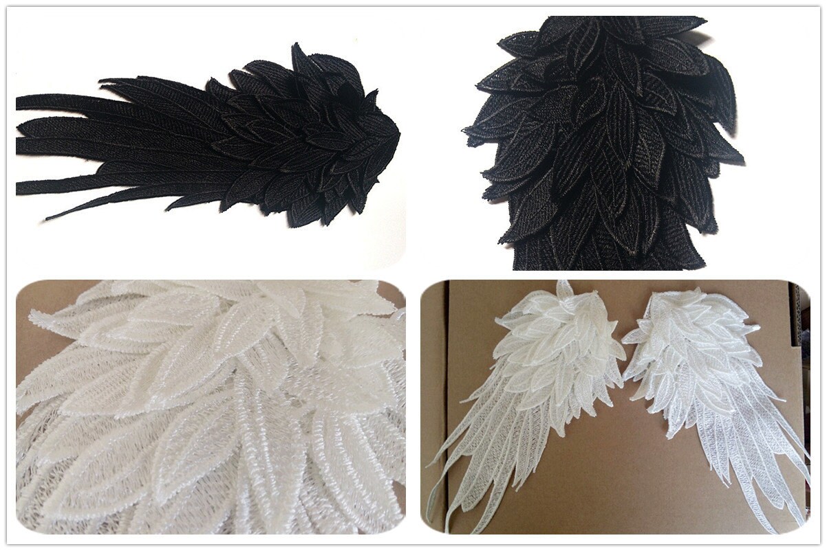 Pair of Wing Applique Black White Embroidered Wings Angel Wings