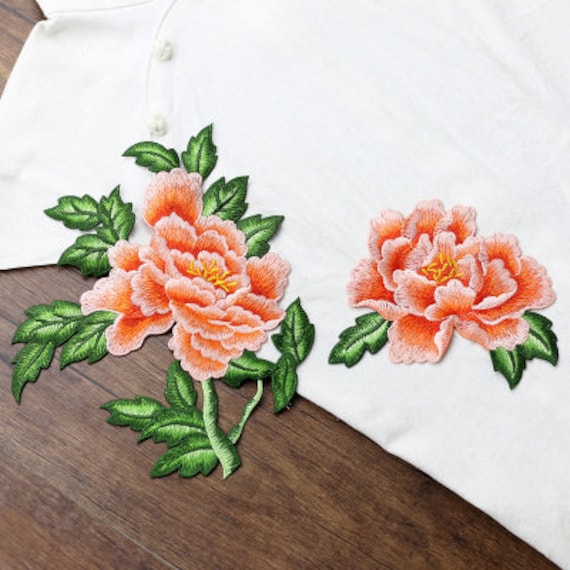 One Pair Single Color of Peony Flower Embroidery Applique 10.8
