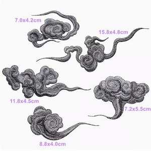 May include: Five embroidered patches in the shape of clouds, with varying sizes and shapes. The patches are all grey and have a textured look. The measurements of each patch are included in the image.