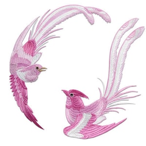 May include: Two pink embroidered birds with white accents. The birds are facing opposite directions and have long, flowing tails.