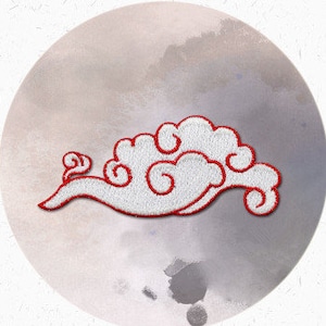 May include: White embroidered cloud patch with a red outline. The cloud is stylized with a swirling design.