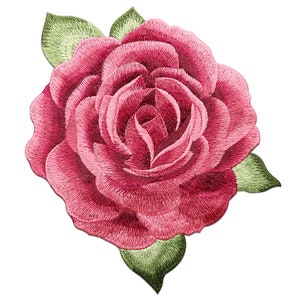 May include: A pink embroidered rose with green leaves. The rose is a single bloom with a detailed design.