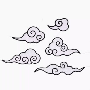 May include: Five white cloud patches with black embroidered outlines and swirling details. These patches are in various shapes and sizes, perfect for adding a whimsical touch to clothing or accessories.