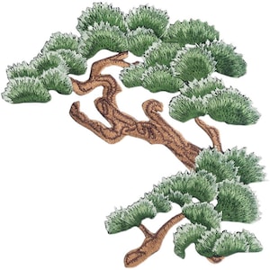 May include: Embroidered iron-on patch featuring a green bonsai tree with brown branches. The tree is stylized with a traditional Japanese design.