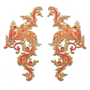 May include: Two gold and red embroidered phoenixes with intricate details. The phoenixes are facing each other and are surrounded by floral designs.