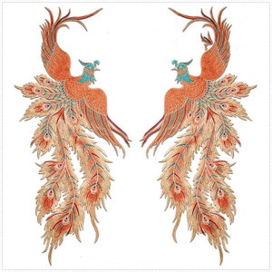 Pair of Phoenix Lace embroidery Applique 29x64cm Bird Patch Sew on clothing accessories DIY clothing dress skirt