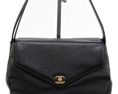 CHANEL Bag Satchel Tote Black Caviar Leather Single Flap Kelly Shoulder Gold HW