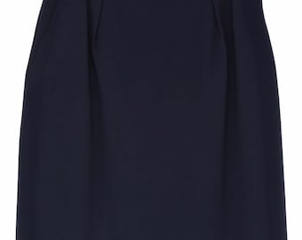 May include: A dark blue skirt with a high waist and pleats. The skirt is made of a smooth, wrinkle-resistant fabric.