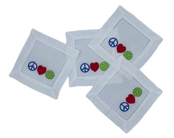 Peace, Love, and Pickleball Linen Cocktail Napkins. Set of 4.