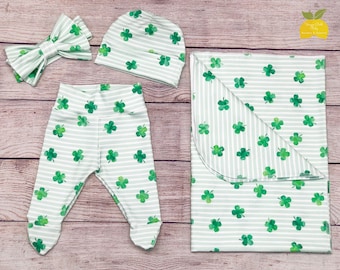 Newborn Coming Home Outfit Lucky Shamrocks on White Leggings and Headbands Set Preemie Clothes Babygirl St Patricks Day Clothes