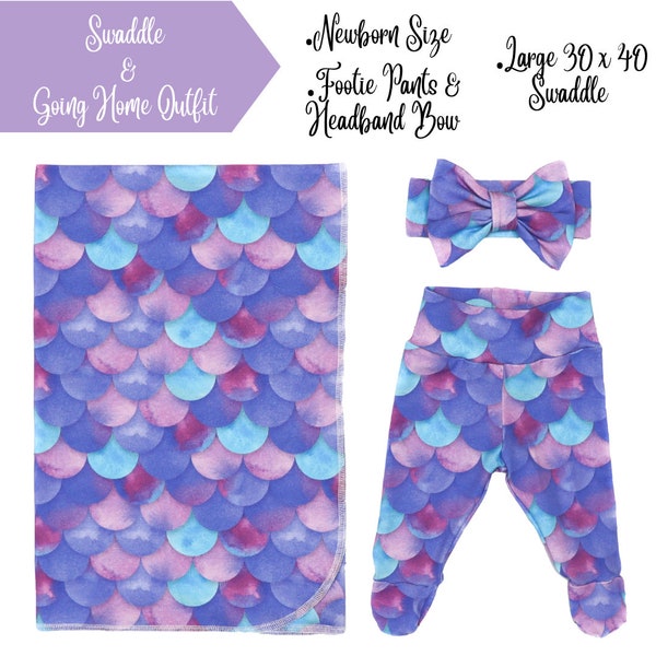 Mermaid Magic | Girl Swaddle Set | Swaddle Newborn Outfit Set | Take Home Outfit | Baby Hat Beanie | Footed Pants | Swaddle Blanket | Purple