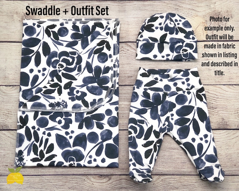 Footed Pants Girl Swaddle Newborn Outfit Set Baby Hat Beanie Swaddle Set Bright Blue Floral Swaddle Blanket Take Home Outfit