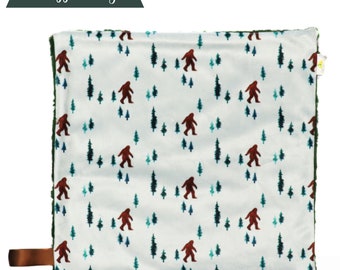 Sasquatch Bigfoot | Snuggle Lovey | 15x15 | Tag Blanket | Minky Lovey | Boy Nursery | Baby Shower Gift | Green Woodsman | Newborn Gift