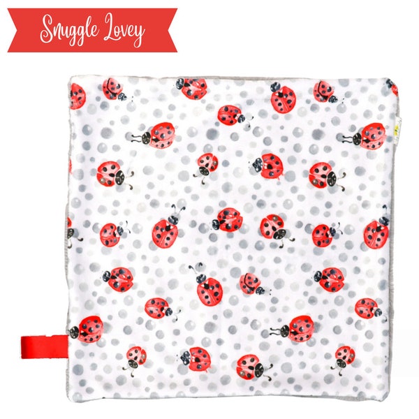 Ladybug | Snuggle Lovey | 15x15 | Tag Blanket | Minky Lovey | Girl Nursery | Baby Shower Gift | Silver Polka Dots | Girly Girl
